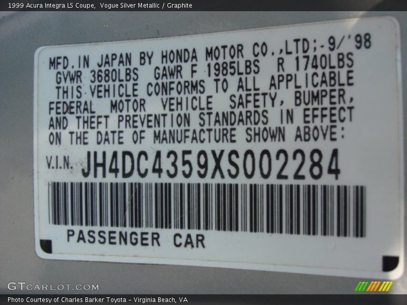 Vogue Silver Metallic / Graphite 1999 Acura Integra LS Coupe