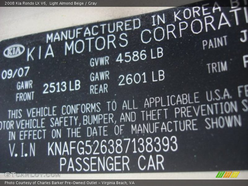 Light Almond Beige / Gray 2008 Kia Rondo LX V6