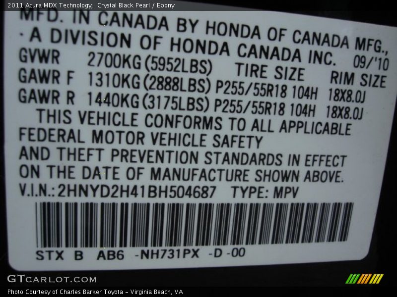 2011 MDX Technology Crystal Black Pearl Color Code NH731PX