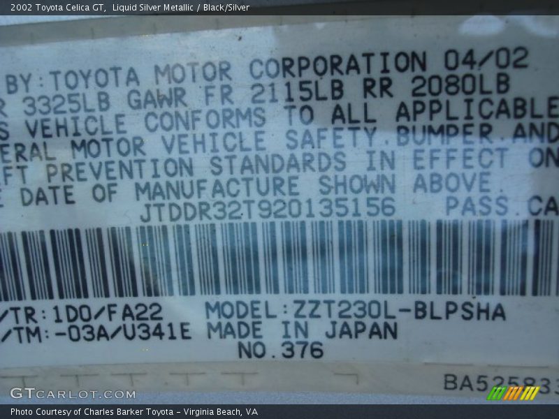 Liquid Silver Metallic / Black/Silver 2002 Toyota Celica GT