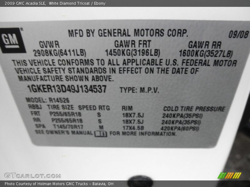 White Diamond Tricoat / Ebony 2009 GMC Acadia SLE