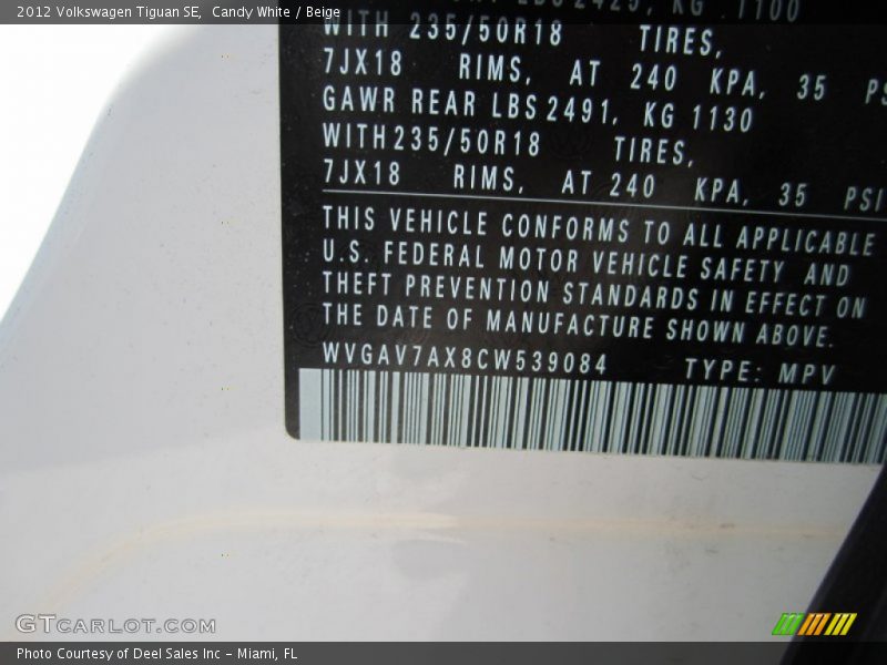 Candy White / Beige 2012 Volkswagen Tiguan SE