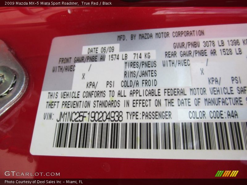 2009 MX-5 Miata Sport Roadster True Red Color Code A4A