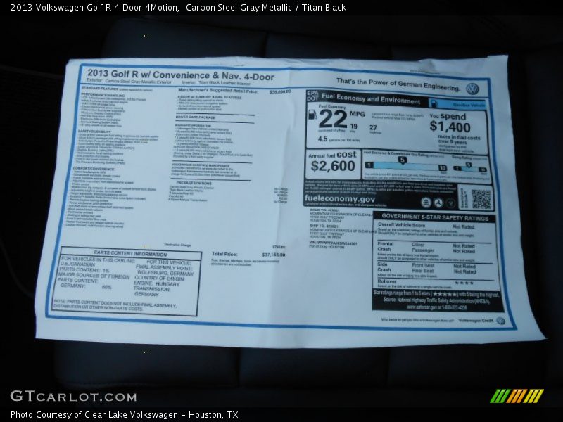  2013 Golf R 4 Door 4Motion Window Sticker