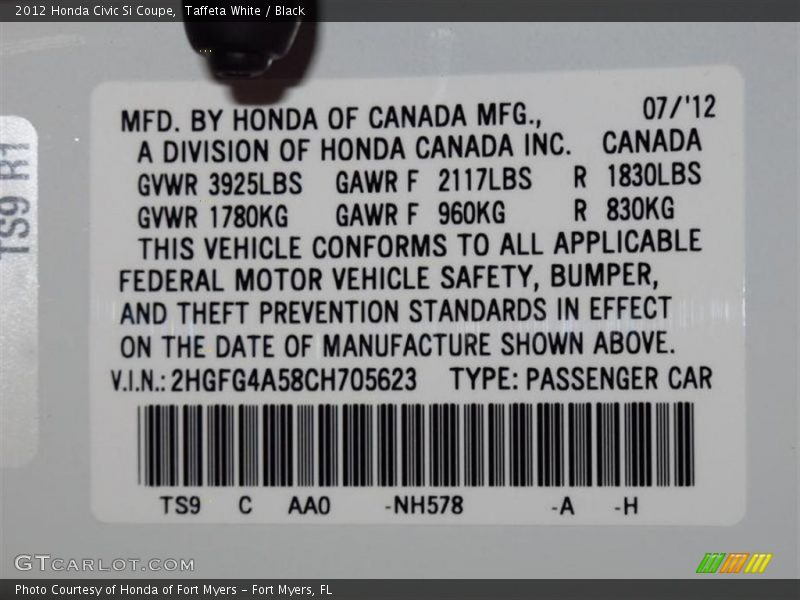 Taffeta White / Black 2012 Honda Civic Si Coupe