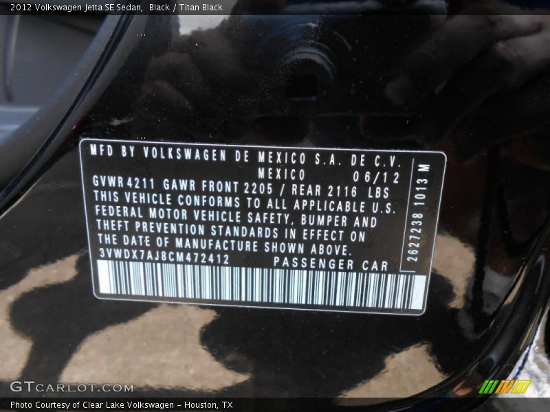 Black / Titan Black 2012 Volkswagen Jetta SE Sedan