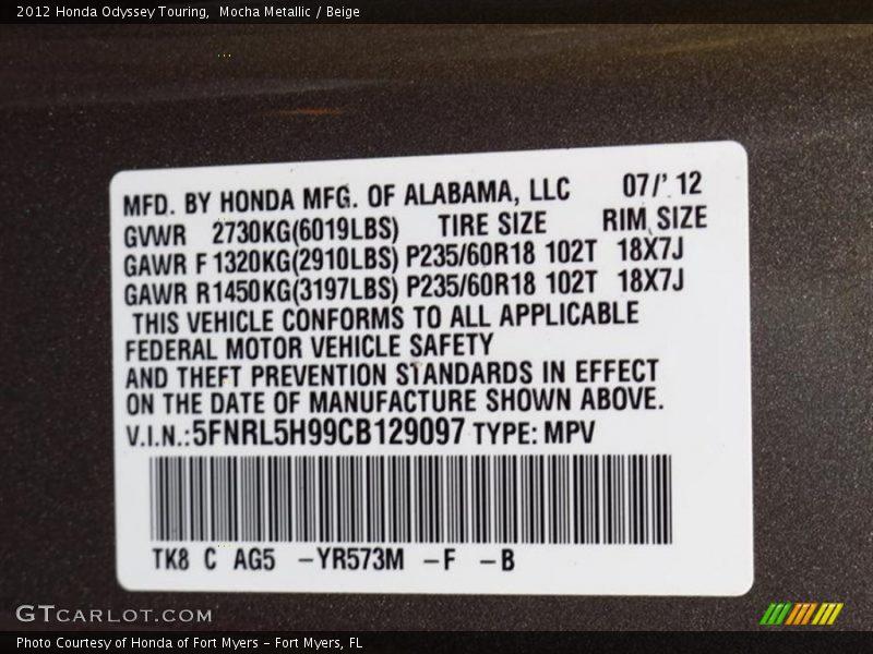 Mocha Metallic / Beige 2012 Honda Odyssey Touring
