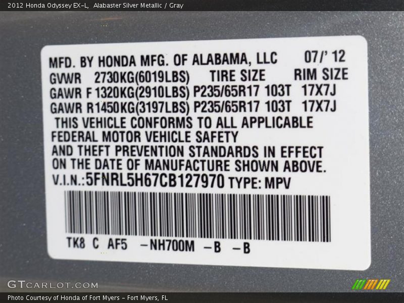 Alabaster Silver Metallic / Gray 2012 Honda Odyssey EX-L