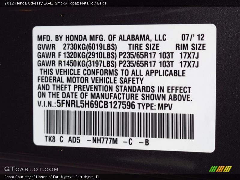 Smoky Topaz Metallic / Beige 2012 Honda Odyssey EX-L