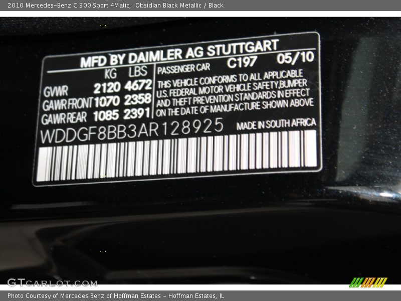 2010 C 300 Sport 4Matic Obsidian Black Metallic Color Code 197