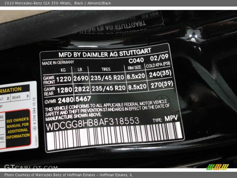 2010 GLK 350 4Matic Black Color Code 040