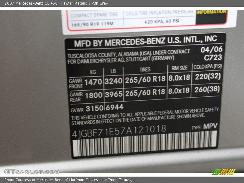 Pewter Metallic / Ash Grey 2007 Mercedes-Benz GL 450