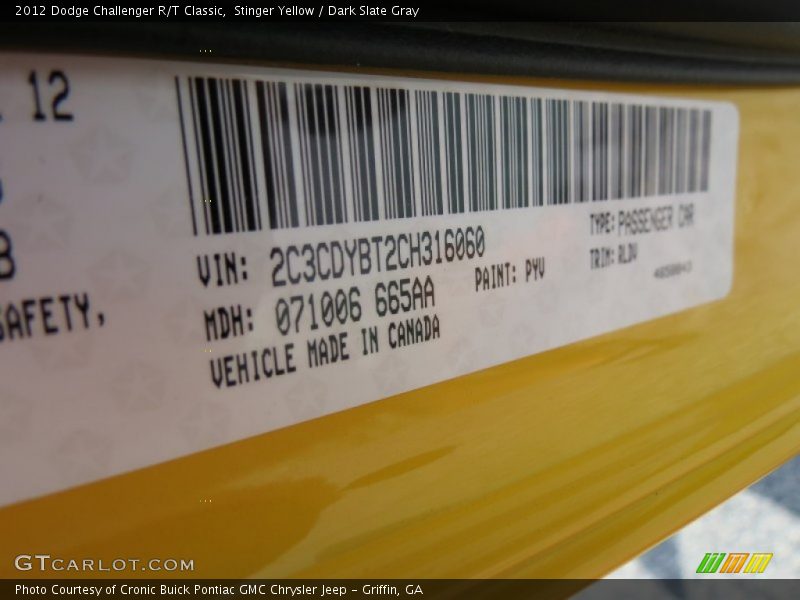 2012 Challenger R/T Classic Stinger Yellow Color Code PYV