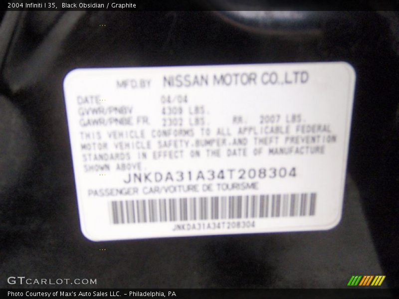 Black Obsidian / Graphite 2004 Infiniti I 35