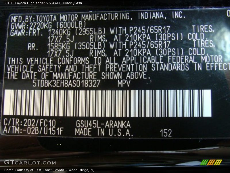 Black / Ash 2010 Toyota Highlander V6 4WD