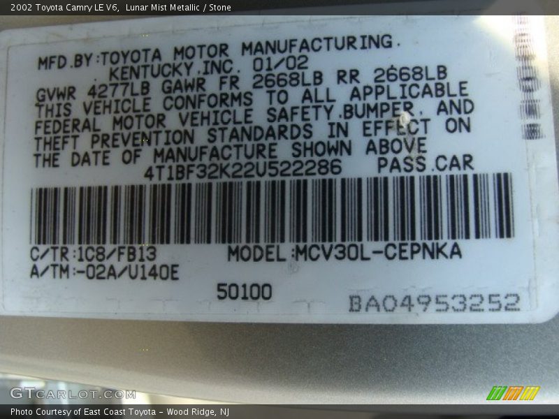 Lunar Mist Metallic / Stone 2002 Toyota Camry LE V6