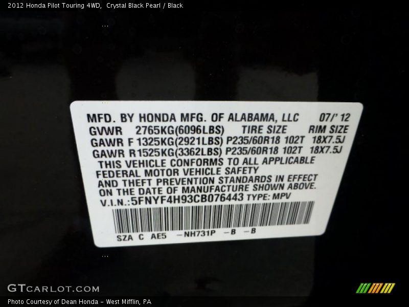 Crystal Black Pearl / Black 2012 Honda Pilot Touring 4WD