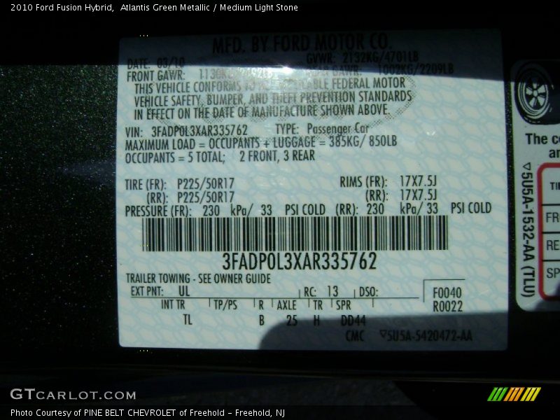 2010 Fusion Hybrid Atlantis Green Metallic Color Code UL