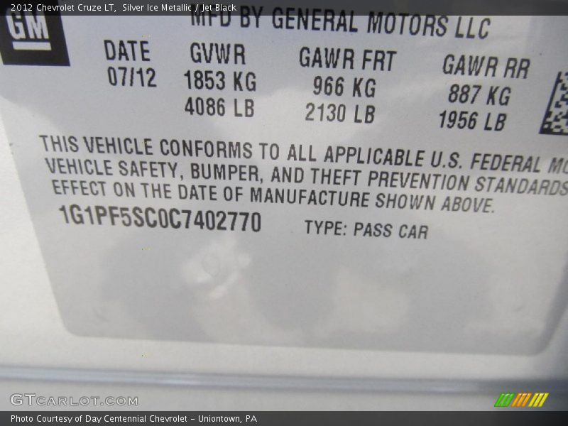 Silver Ice Metallic / Jet Black 2012 Chevrolet Cruze LT