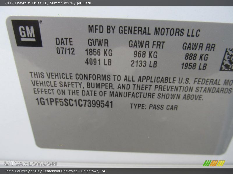 Summit White / Jet Black 2012 Chevrolet Cruze LT