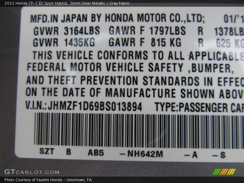 2011 CR-Z EX Sport Hybrid Storm Silver Metallic Color Code NH642M