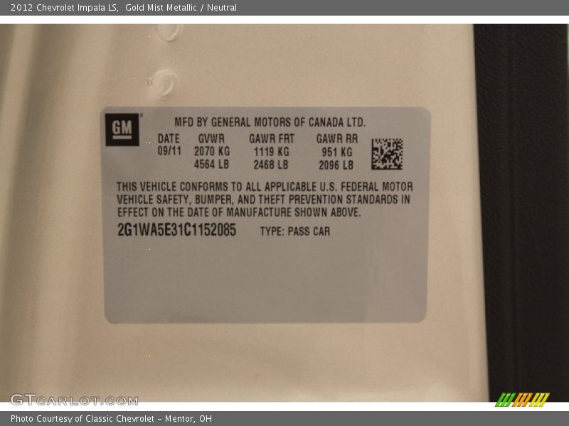 Gold Mist Metallic / Neutral 2012 Chevrolet Impala LS