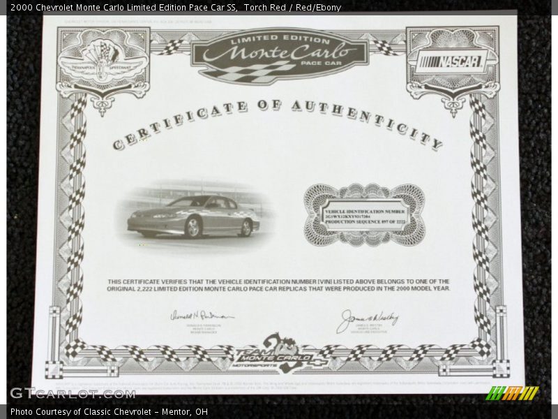Certificate of Authenticity - 2000 Chevrolet Monte Carlo Limited Edition Pace Car SS