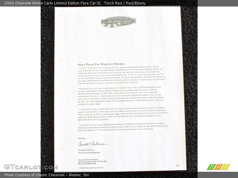 Torch Red / Red/Ebony 2000 Chevrolet Monte Carlo Limited Edition Pace Car SS