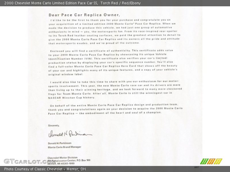 Info Tag of 2000 Monte Carlo Limited Edition Pace Car SS