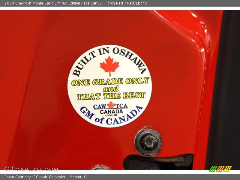 Info Tag of 2000 Monte Carlo Limited Edition Pace Car SS