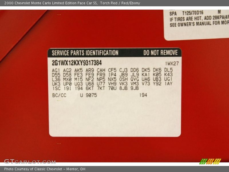 9075 - 2000 Chevrolet Monte Carlo Limited Edition Pace Car SS