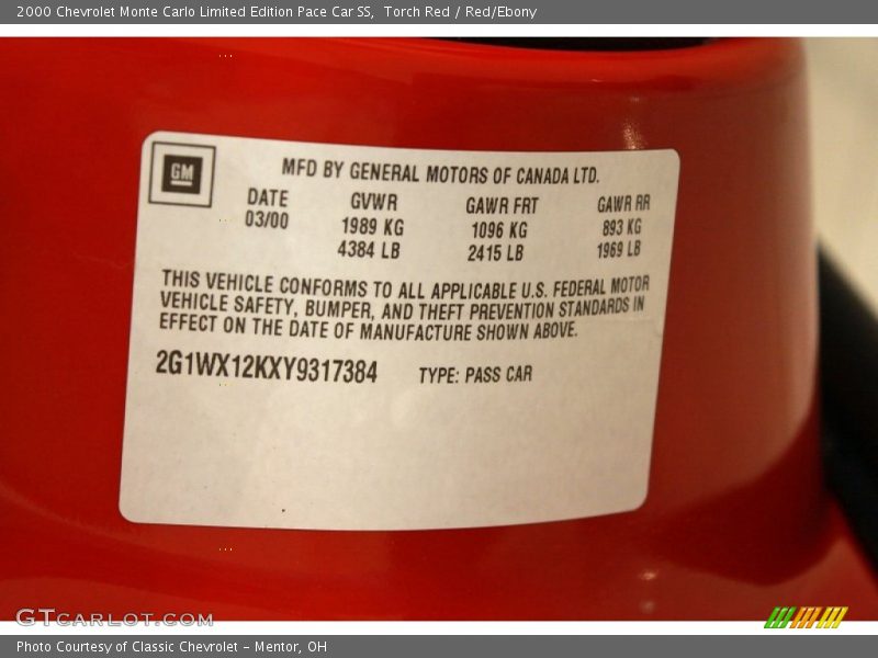 Torch Red / Red/Ebony 2000 Chevrolet Monte Carlo Limited Edition Pace Car SS