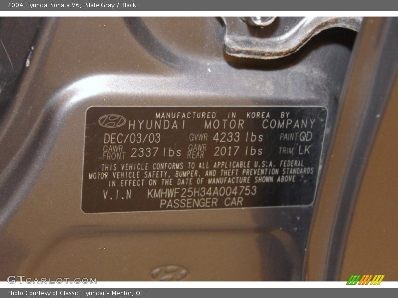 2004 Sonata V6 Slate Gray Color Code QD