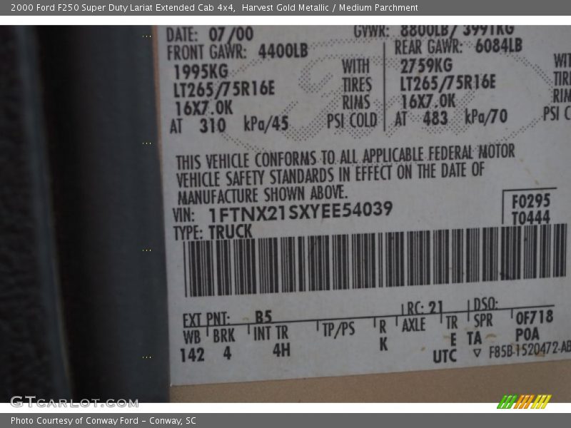 2000 F250 Super Duty Lariat Extended Cab 4x4 Harvest Gold Metallic Color Code B5