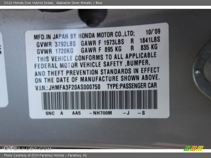 2010 Civic Hybrid Sedan Alabaster Silver Metallic Color Code NH700M