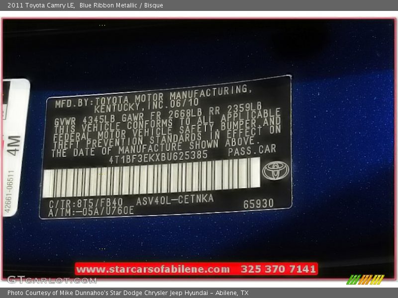 Blue Ribbon Metallic / Bisque 2011 Toyota Camry LE