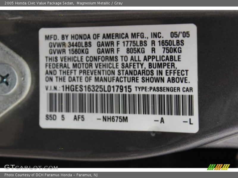Magnesium Metallic / Gray 2005 Honda Civic Value Package Sedan