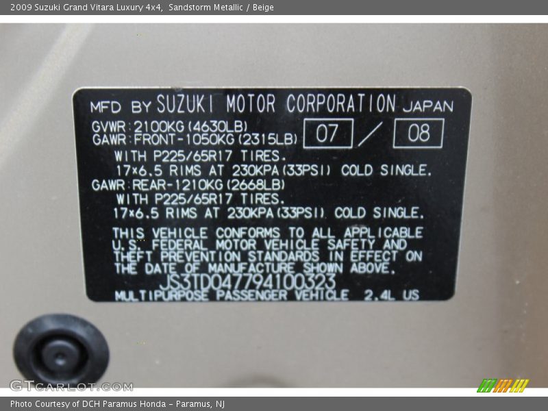 Sandstorm Metallic / Beige 2009 Suzuki Grand Vitara Luxury 4x4
