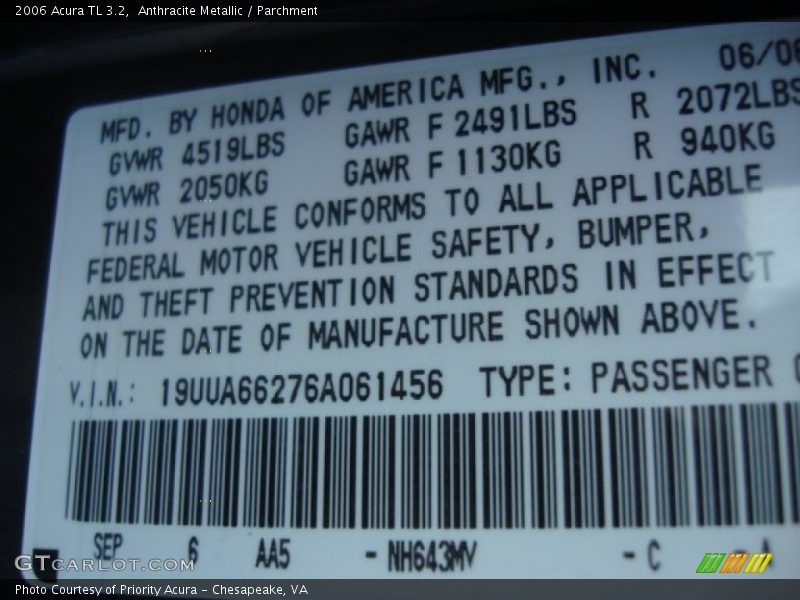 Anthracite Metallic / Parchment 2006 Acura TL 3.2
