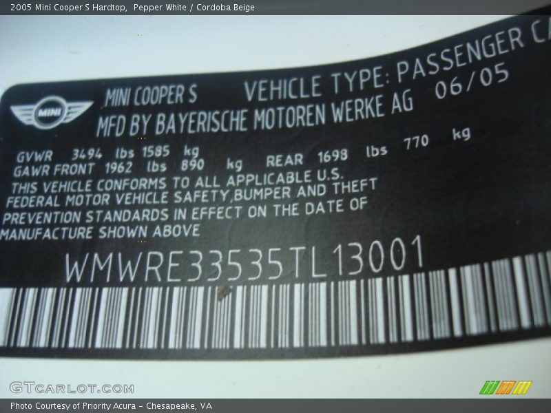 Pepper White / Cordoba Beige 2005 Mini Cooper S Hardtop