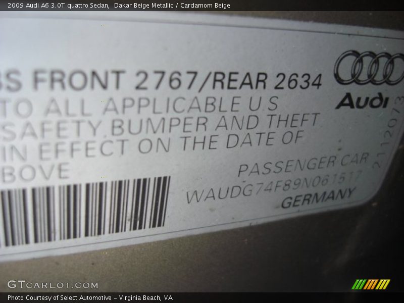 Dakar Beige Metallic / Cardamom Beige 2009 Audi A6 3.0T quattro Sedan