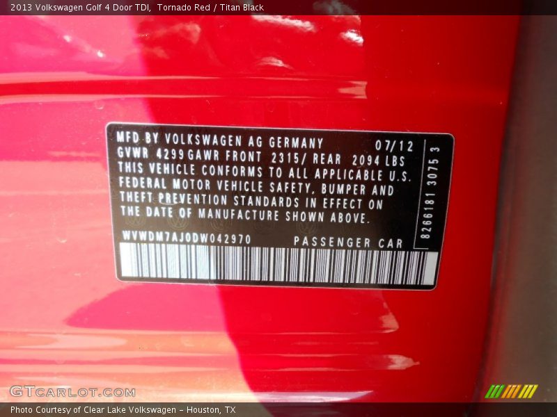 Tornado Red / Titan Black 2013 Volkswagen Golf 4 Door TDI