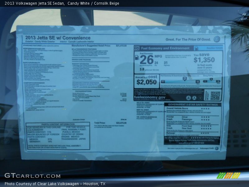 Candy White / Cornsilk Beige 2013 Volkswagen Jetta SE Sedan