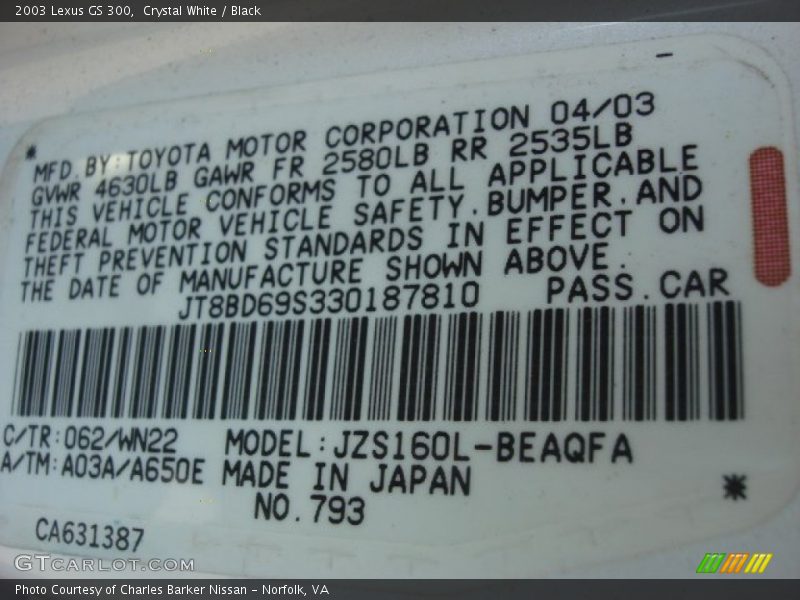 Crystal White / Black 2003 Lexus GS 300