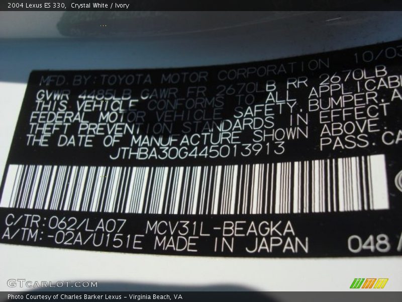 Crystal White / Ivory 2004 Lexus ES 330