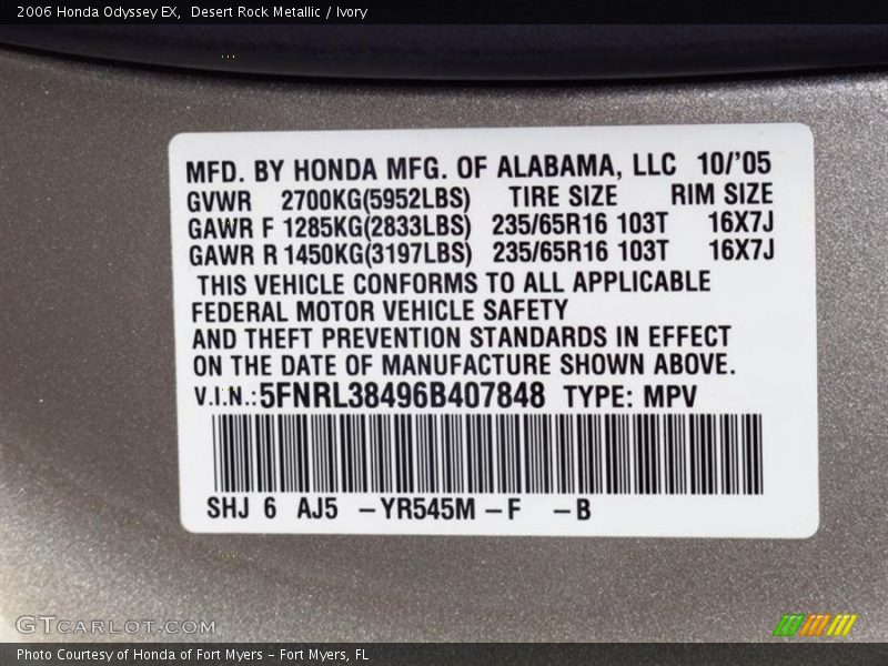 2006 Odyssey EX Desert Rock Metallic Color Code YR545M