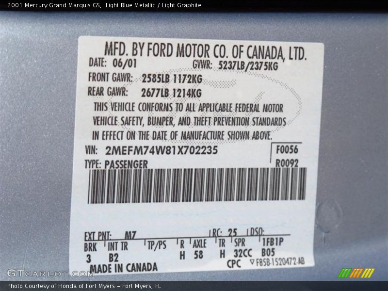 Light Blue Metallic / Light Graphite 2001 Mercury Grand Marquis GS