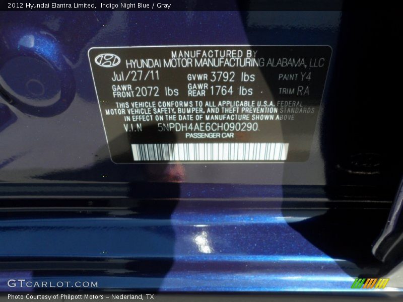 2012 Elantra Limited Indigo Night Blue Color Code Y4