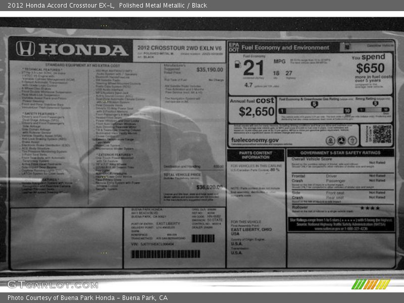 Polished Metal Metallic / Black 2012 Honda Accord Crosstour EX-L