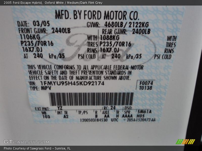 Oxford White / Medium/Dark Flint Grey 2005 Ford Escape Hybrid